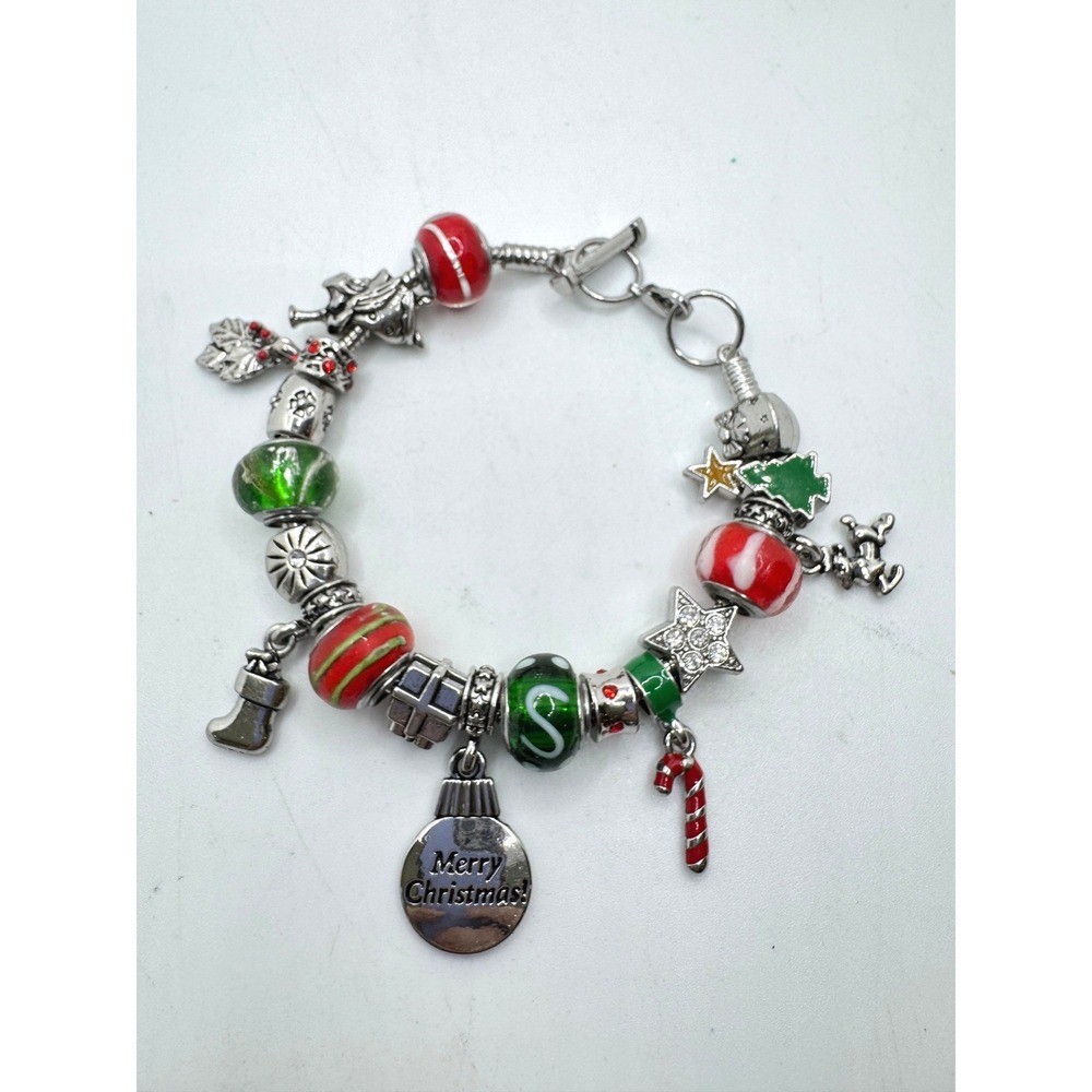 Christmas Holiday Charm Bracelet Reindeer Candy Cane Glass Beads Silver Tone